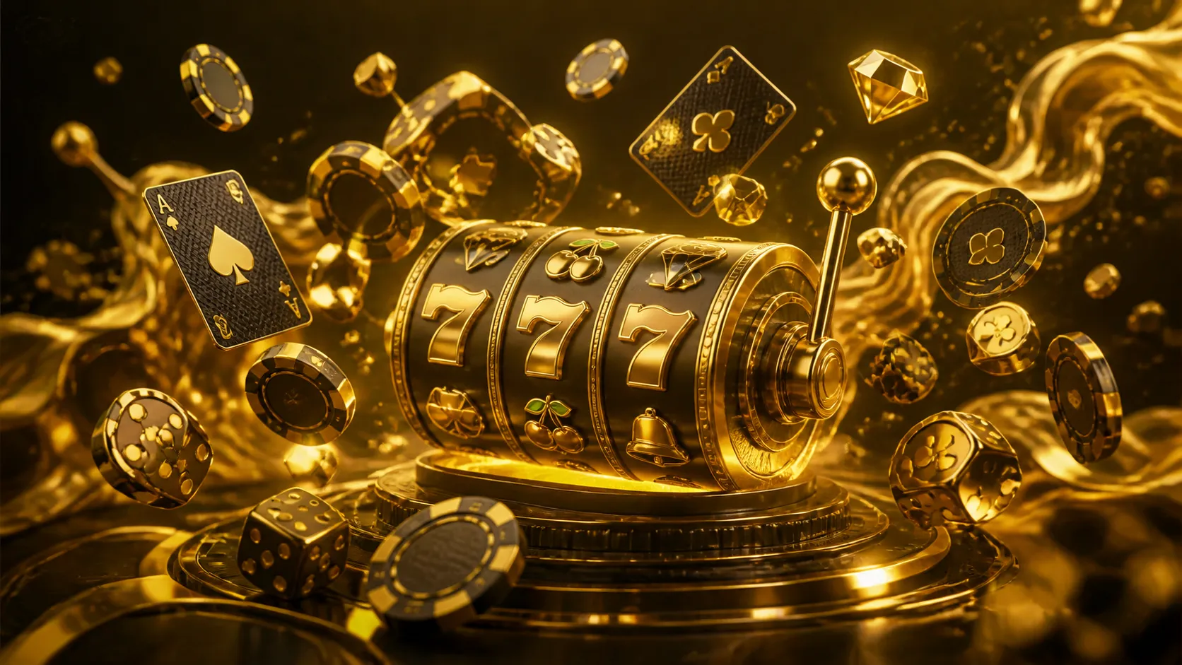Cyberpunk casino banner with neon poker chips and glowing dice in dynamic floating composition for Slotrize theme