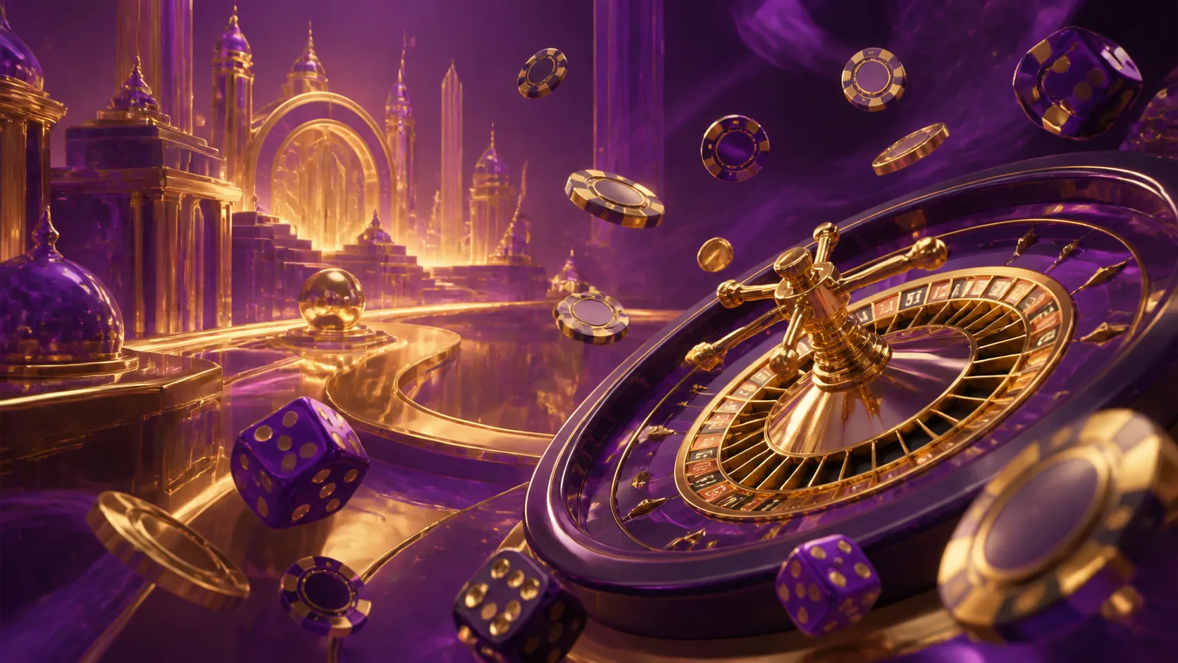 A luxurious casino-themed banner with floating poker chips, glowing dice, and roulette wheel, set against a vibrant backgroun